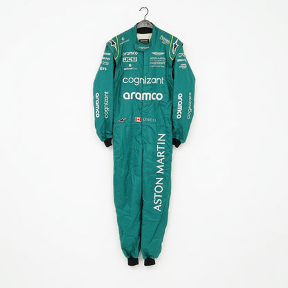 Front view of Lance Stroll 2022 Canadian GP Aston Martin inspired go-kart racing suit in green with lime accents.