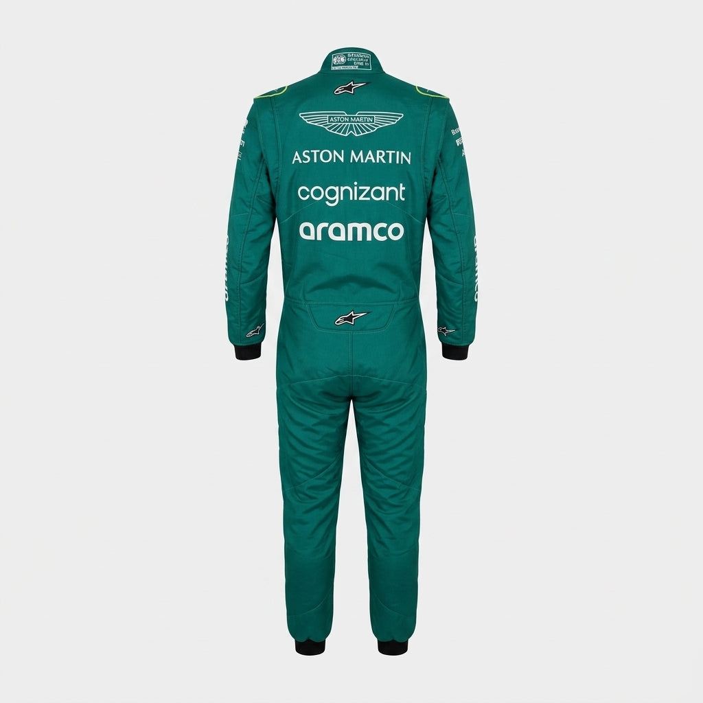 Front view of Lance Stroll 2022 Canadian GP Aston Martin inspired go-kart racing suit in green with lime accents.