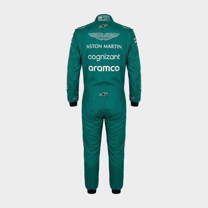 Front view of Lance Stroll 2022 Canadian GP Aston Martin inspired go-kart racing suit in green with lime accents.