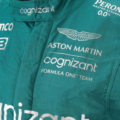 Front view of Lance Stroll 2022 Canadian GP Aston Martin inspired go-kart racing suit in green with lime accents.