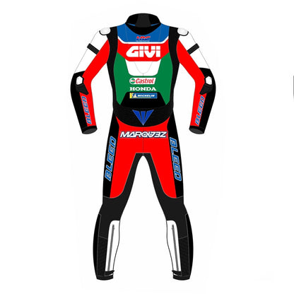 Marc Marquez 2022 Honda Givi leather racing suit front view showing white red black livery and CE armor points