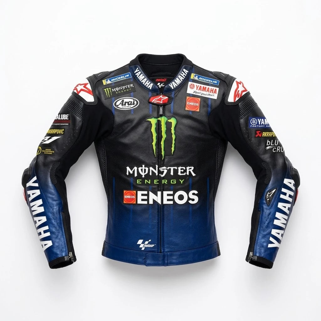 Maverick Vinales MotoGP leather racing jacket Yamaha 2021 front view in black and blue leather with Monster Energy and ENEOS sponsor logos