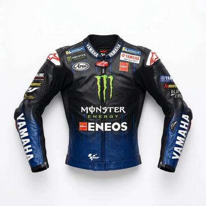 Maverick Vinales MotoGP leather racing jacket Yamaha 2021 front view in black and blue leather with Monster Energy and ENEOS sponsor logos