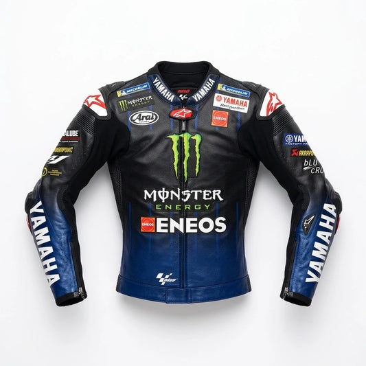 Maverick Vinales MotoGP leather racing jacket Yamaha 2021 front view in black and blue leather with Monster Energy and ENEOS sponsor logos