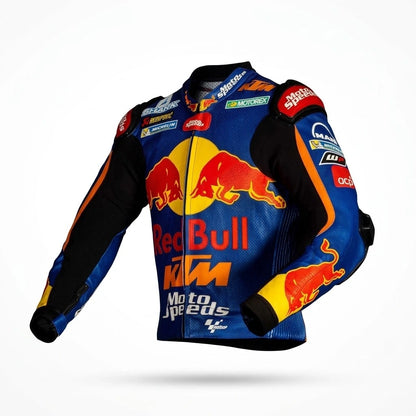 Miguel Oliveira MotoGP racing jacket KTM 2021 front view in blue and orange leather with Red Bull and KTM sponsor logos