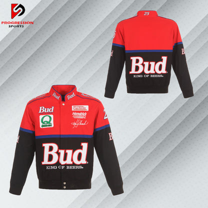 Men's JH Design Black/Red Ken Schrader Bud Twill Driver Uniform Full-Snap Jacket