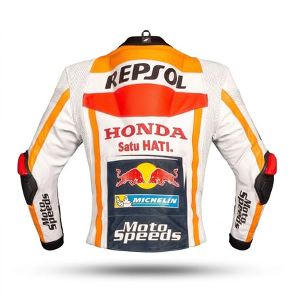 Pol Espargaro MotoGP racing jacket Honda 2021 front view in Repsol tricolor leather with sponsor logos