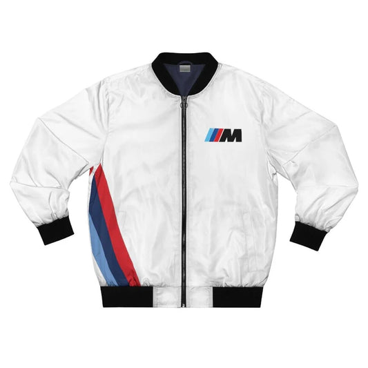 BMW White Bomber Jacket by Progression Race Wear – stylish motorsport-inspired outerwear with embroidered BMW details.