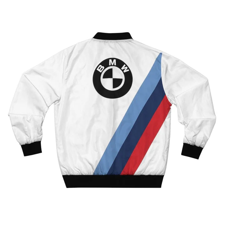 BMW White Bomber Jacket by Progression Race Wear – stylish motorsport-inspired outerwear with embroidered BMW details.