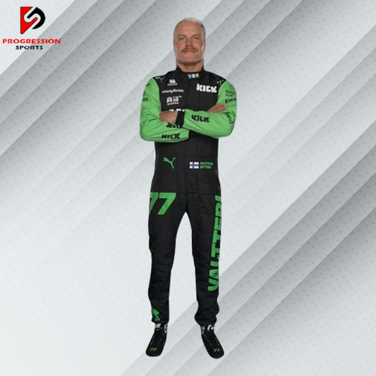 2024 Valtteri Bottas Stake F1 race suit in black and green with Stake, Kick, and Sauber sponsor logos

