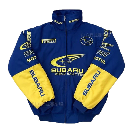 Subaru Rally Vintage Blue Jacket by Progression Race Wear – retro motorsport jacket with classic embroidered Subaru rally details.
