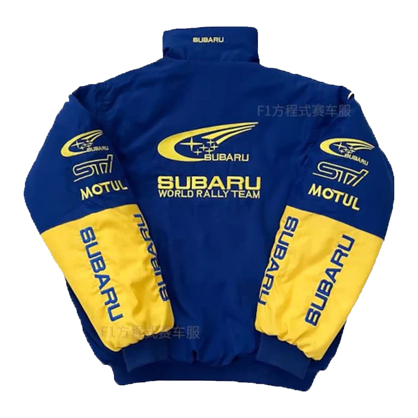 Subaru Rally Vintage Blue Jacket by Progression Race Wear – retro motorsport jacket with classic embroidered Subaru rally details.