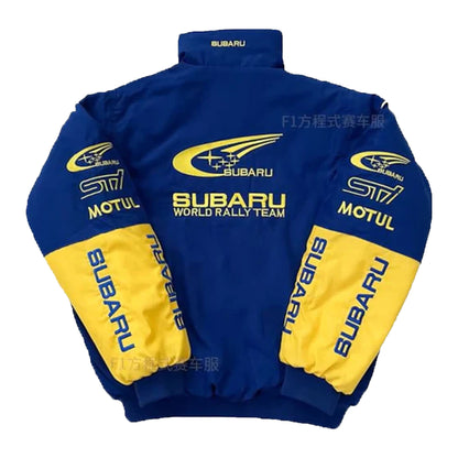 Subaru Rally Vintage Blue Jacket by Progression Race Wear – retro motorsport jacket with classic embroidered Subaru rally details.
