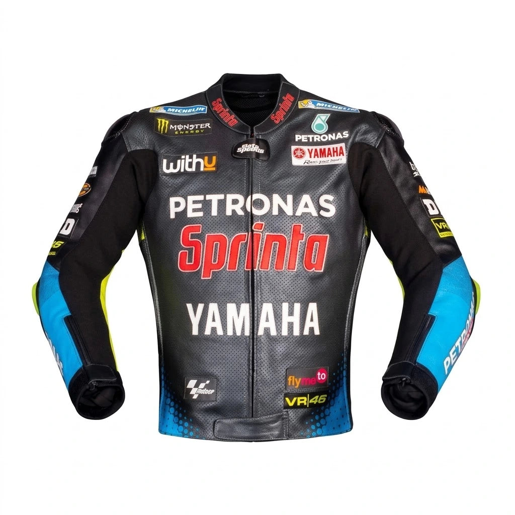 Valentino Rossi Yamaha MotoGP leather racing jacket 2021 side profile view in black turquoise and yellow leather with Petronas Sprinta and VR46 sponsor logos