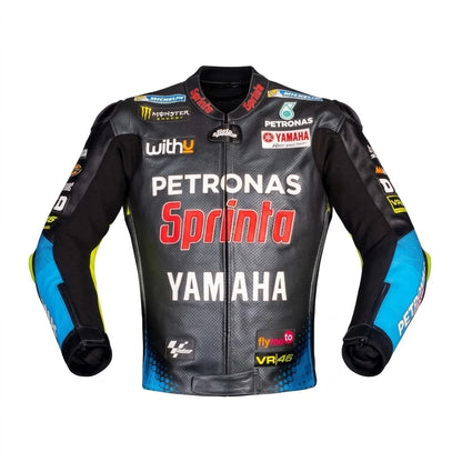 Valentino Rossi Yamaha MotoGP leather racing jacket 2021 side profile view in black turquoise and yellow leather with Petronas Sprinta and VR46 sponsor logos