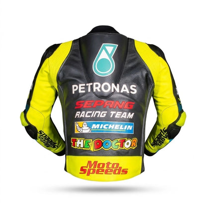 Valentino Rossi Yamaha MotoGP leather racing jacket 2021 side profile view in black turquoise and yellow leather with Petronas Sprinta and VR46 sponsor logos