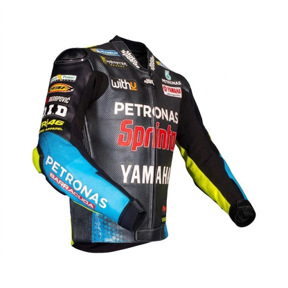 Valentino Rossi Yamaha MotoGP leather racing jacket 2021 side profile view in black turquoise and yellow leather with Petronas Sprinta and VR46 sponsor logos