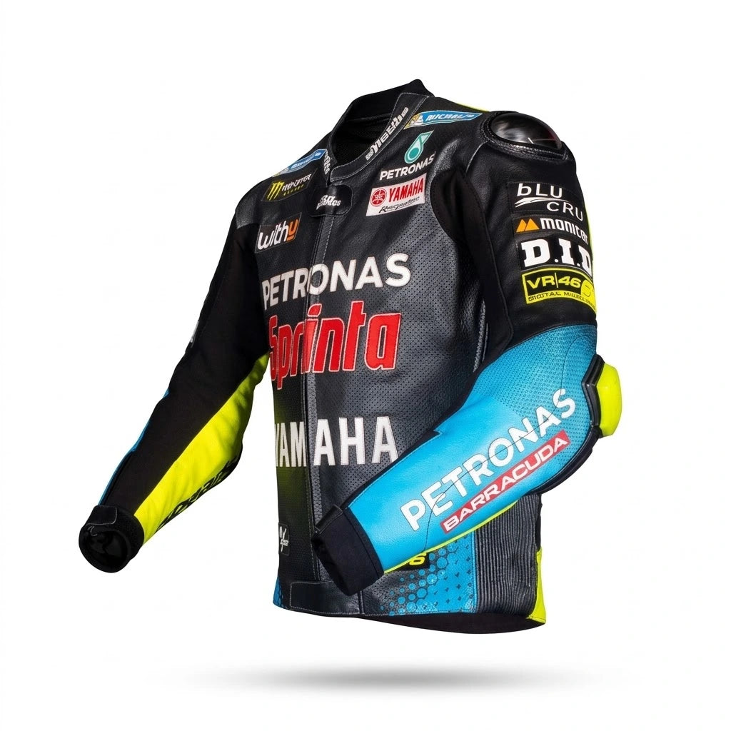 Valentino Rossi Yamaha MotoGP leather racing jacket 2021 side profile view in black turquoise and yellow leather with Petronas Sprinta and VR46 sponsor logos