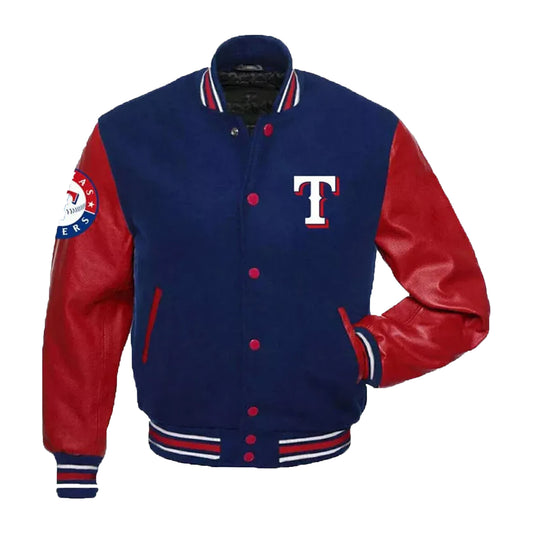 “Texas Rangers blue and red varsity letterman jacket”