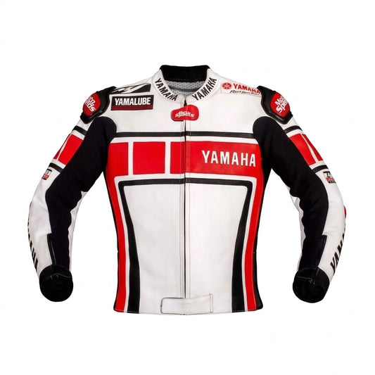 Yamaha MotoGP racing leather jacket white red 2021 front view in leather with Yamalube branding