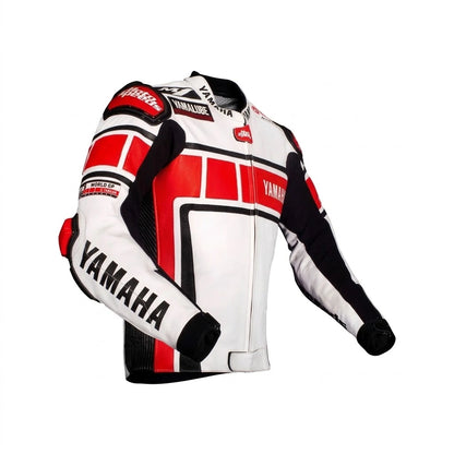 Yamaha MotoGP racing leather jacket white red 2021 front view in leather with Yamalube branding