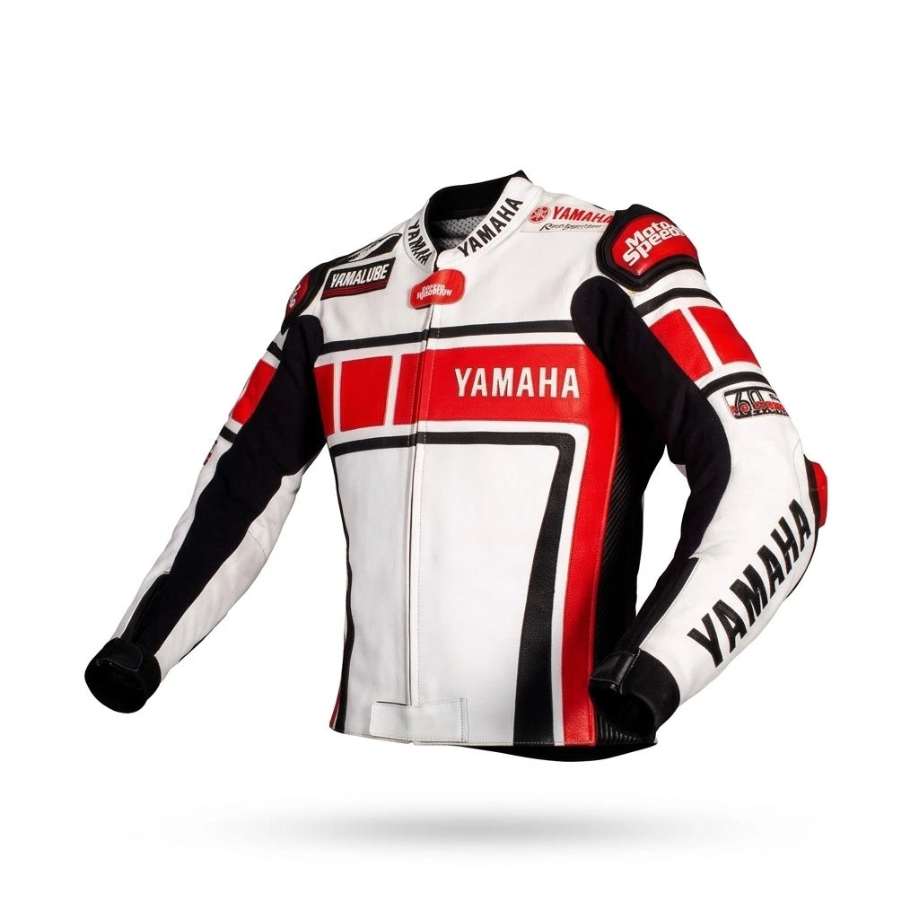 Yamaha MotoGP racing leather jacket white red 2021 front view in leather with Yamalube branding