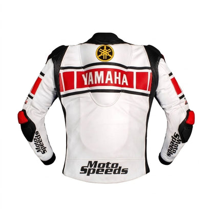 Yamaha MotoGP racing leather jacket white red 2021 front view in leather with Yamalube branding